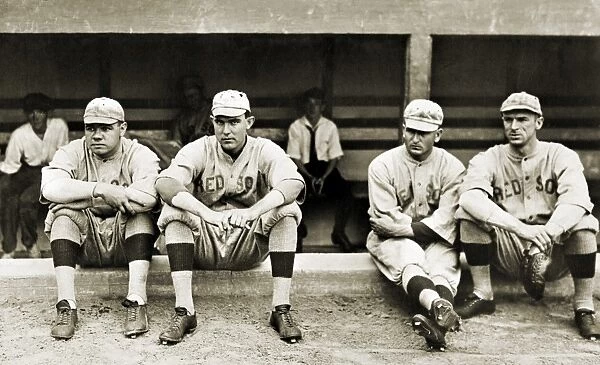 BOSTON RED SOX, c1916. Members of the Boston Red Sox baseball team, c1916. Left to right: George H. Babe Ruth, Ernie Shore, George Rube Foster, and Dellos Del Gainer