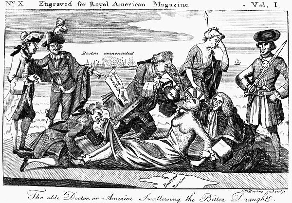BOSTON TEA PARTY, 1773. The able Doctor, or America Swallowing the Bitter Draught. William Murray, 1st Earl of Mansfield, holding down America while Lord North pours tea down her throat. A pro-America English cartoon reaction to the Boston Port Bill of 1774, passed in response to the Boston Tea Party of 16 December 1773