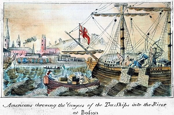 THE BOSTON TEA PARTY, 1773. The Boston Tea Party, 16 December 1773. The earliest known American depiction of the event. Color engraving, 1789