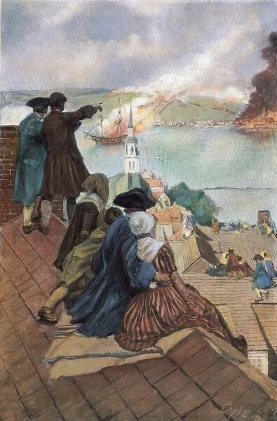 Bostonians on their housetops watching the Battle of Bunker Hill at Charlestown on 17 June 1775. Illustration, 1901, by Howard Pyle