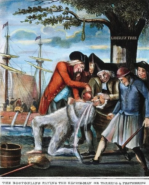 The Bostonians Paying the Excise Man, or Tarring & Feathering. American edition of an English mezzotint satire, 1774, on the treatment given to John Malcom, an unpopular Commissioner of Customs at Boston