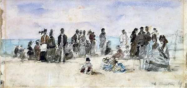 BOUDIN: BEACH SCENE, 1869. Pencil and watercolor sketch by EugÔÇÜne Boudin, 1869