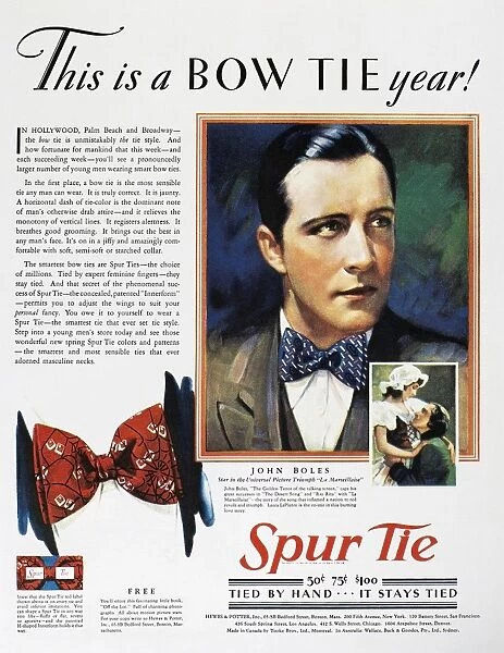 BOW TIE ADVERTISEMENT, 1930. American advertisement for Spur Ties, 1930