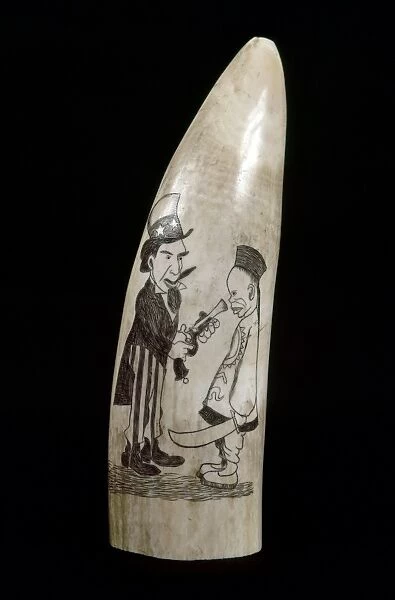 BOXER REBELLION, c1900. Whale tooth engraved with a cartoon of the Boxer Rebellion, by an unknown American artist, c1900. Height: 7 inches