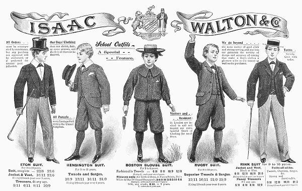 BOYS FASHION, 1897. Advertisement from an English magazine of 1897 for school outfits for boys, including boys attending Eton College (left)