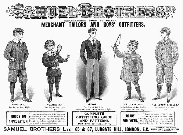 BOYS FASHION, 1898. Advertisement from an English newspaper of 1898 for boys outfits, including one worn by students at Eton College