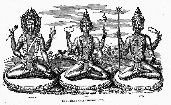 BRAHMA, VISHNU & SHIVA. The three chief Hindu gods: wood engraving, 19th century