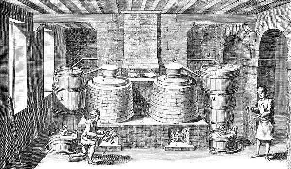 A brandy distillery: line engraving, French, 18th century