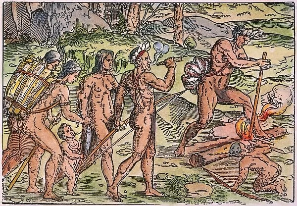 BRAZIL: FISHING, 1558. Brazilian natives returning from a fishing expedition. Engraving from Les Singularitez de la France Antarctique, autrement nomme Amerique, by Andre Thevet, printed at Paris in 1558