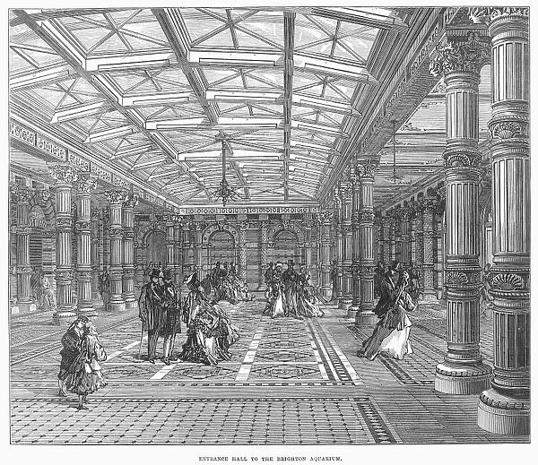 BRIGHTON AQUARIUM, 1872. Entrance hall to the Brighton Aquarium. English engraving, 1872