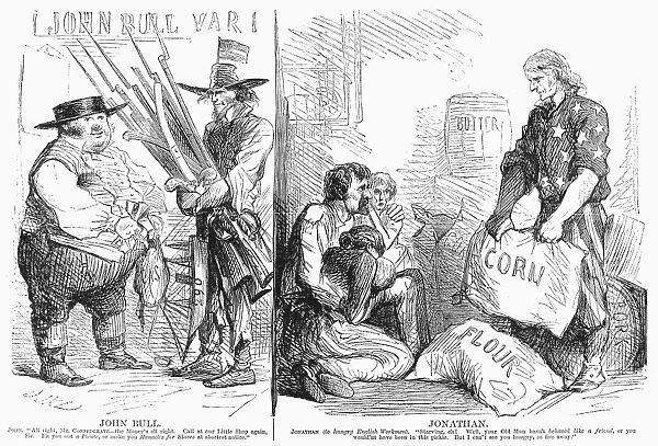 BRITAIN AND CIVIL WAR, 1862. American cartoon, 1862, on Britains aid to the Confederacy in the American Civil War and the hardships endured by the British working class resulting from the disruption of trade with the United States