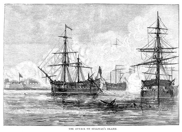 The British attack on Fort Sullivan (later Fort Moultrie) on Sullivans Island at the entrance to the harbor of Charleston, South Carolina, 28 June 1776. Wood engraving, American, 19th century