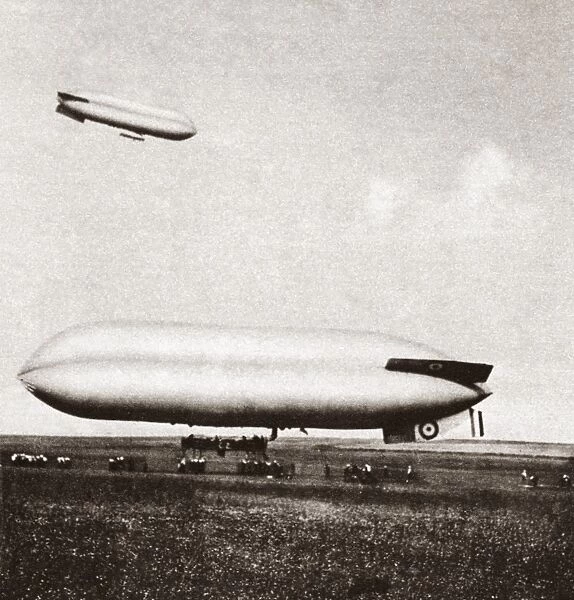 The British C-2 (in flight) and C-9 (on ground) airships, photographed during World War I, c1916