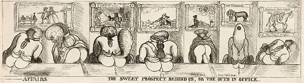 BRITISH CARTOON, 1789. --Affairs. The sweet prospect behind us, or The outs in office