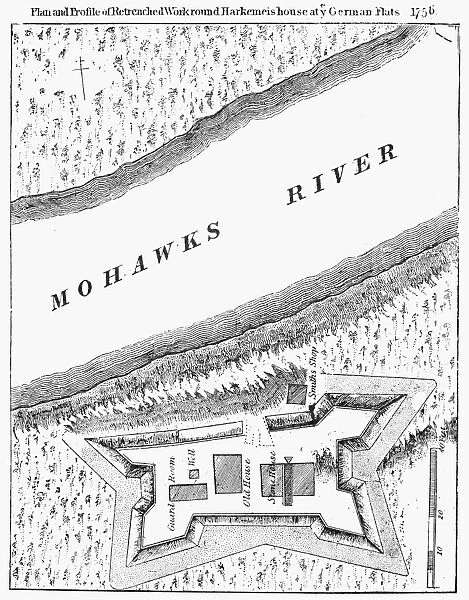 The British fort at German Flats on the Mohawk River, Herkimer County, New York. Line engraving, 1756