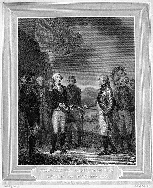 British General Charles Cornwallis surrendering to American General George Washington at Yorktown, Virginia, which ended the fighting in the American Revolution, 19 October 1781. Line engraving, mid-19th century