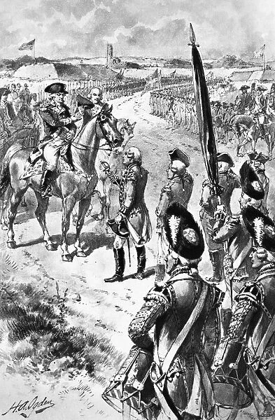 British General Charles Cornwallis surrendering to American General George Washington at Yorktown, Virginia, ending the fighting in the American Revolution, 19 October 1781. Lithograph after a drawing by Henry A. Ogden (1856-1936)