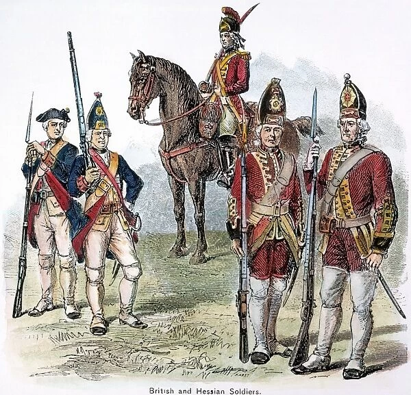 British and Hessian soldiers of the American Revolutionary War. Wood engraving, 19th century