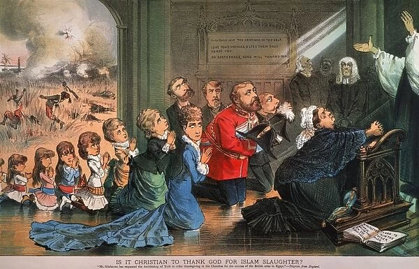 BRITISH IMPERIALISM, 1882. Is it Christian to Thank God for Islam Slaughter?: American cartoon, 1882, showing the British royal family, led by Queen Victoria and the future King Edward VII (center), praying for the success of British occupying troops in Egypt
