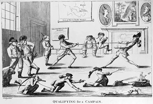 BRITISH OFFICERS: CARTOON. English cartoon satire, 1777, on the want of training of British officers to prepare them for the American war