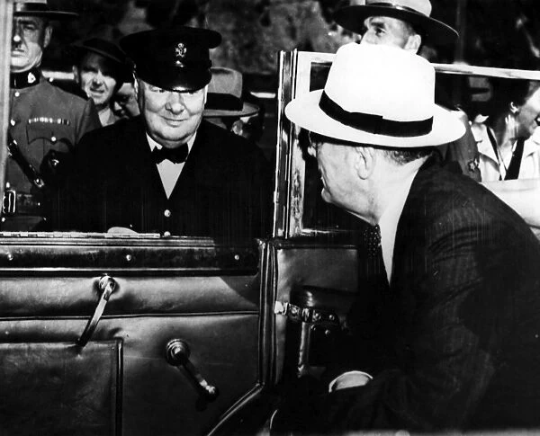 British Prime Minister Winston Churchill, greeting U. S. President Franklin D. Roosevelt at the second Quebec Conference during World War II, 10 September 1944