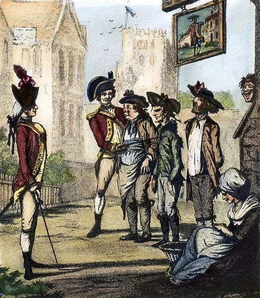Two British regulars recruiting in the street outside a London alehouse: cartoon, 1770s