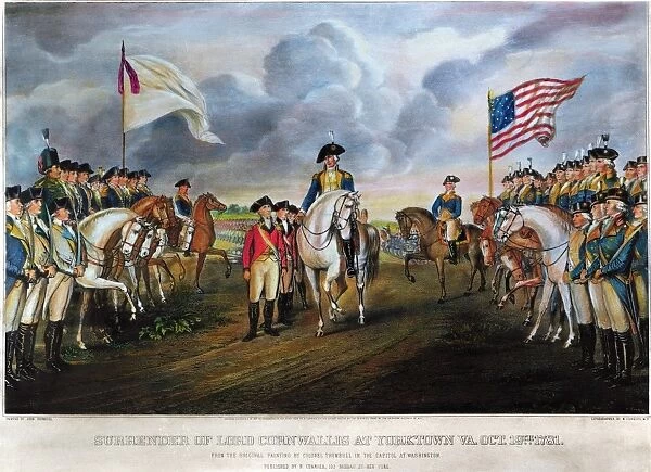 The British surrender at Yorktown, Virginia, on 19 October 1781. Lithograph, 1852, by Nathaniel Currier after John Trumbull