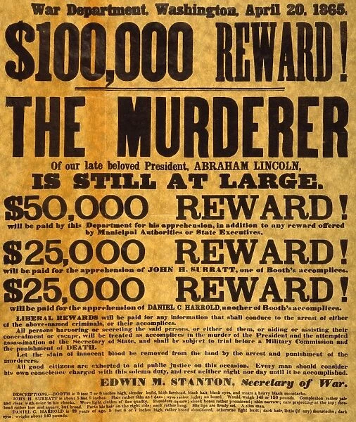 Broadside issued by the War Department on 20 April 1865 offering rewards for the apprehension of John Wilkes Booth and his fellow conspirators in the assassination of President Abraham Lincoln
