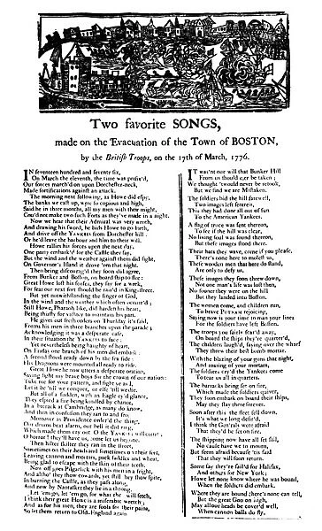 Broadside with two songs celebrating the evacuation of Boston by British troops, 17 March 1776