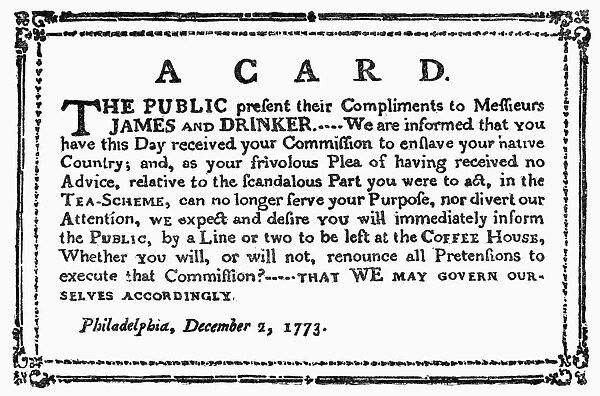 BROADSIDE: TEA TAX, 1773. A public card issued by the Sons of Liberty at Philadelphia