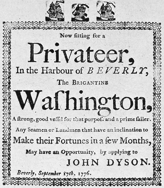 Broadside urging men to sign up for service on a privateer in Beverly Harbor, Massachusetts, 17 September 1776, at the beginning of the American Revolutionary War