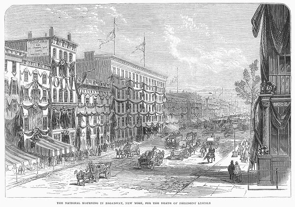 Broadway, New York, decked for mourning following the assassination of President Abraham Lincoln. Wood engraving, 13 May 1865