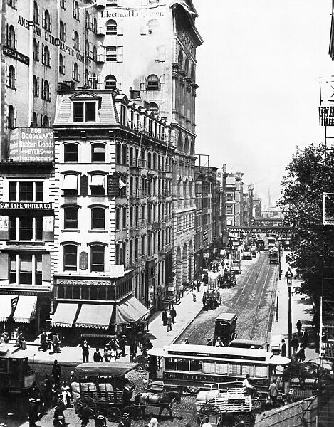 BROADWAY TRAFFIC, c1892. A busy intersection on Lower Broadway, New York City, looking west from the corner of Fulton Street: photographed, c1892