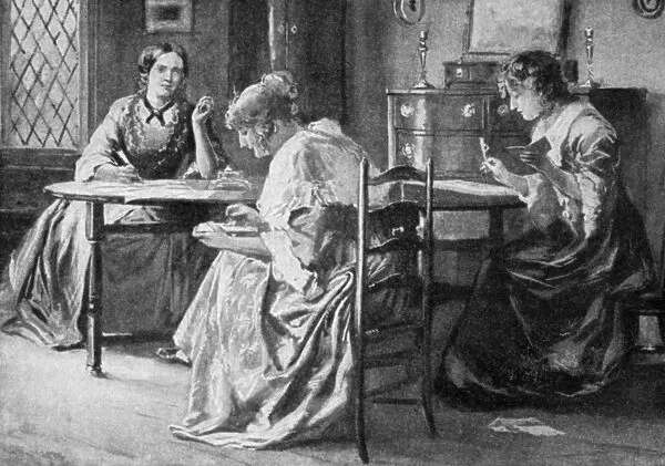 BRONT├ï SISTERS. Charlotte (1816-1855), Emily Jane (1818-1848) and Anne (1820-1849) Bront├½ writing in the rectory at Haworth, in Yorkshire, England. Engraving after a watercolor, English, 19th century