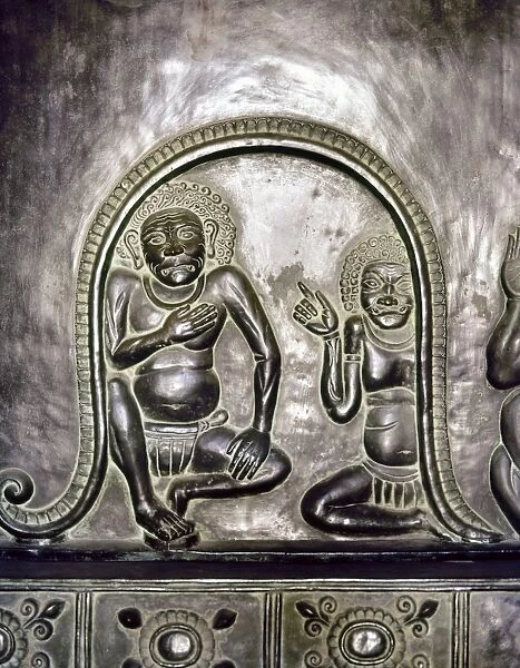 Bronze goblins on pedestals holding gods of medicine at a Buddhist temple. Japanese, early 8th century A. D