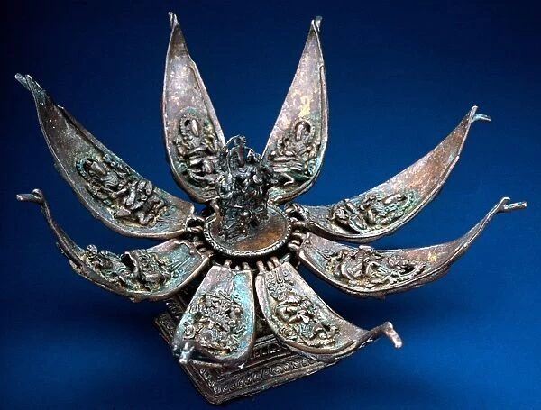 A bronze lotus with Buddhist divinities on the petals. Devotional object, Indian, 16th century