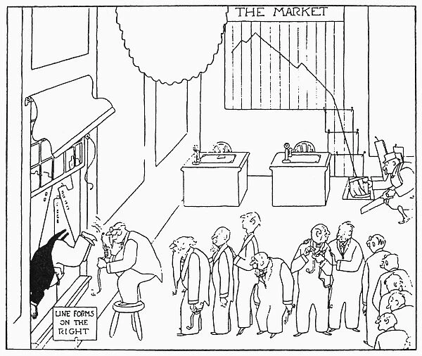 Brookers line up to throw themselves out of the window after the stock market crash of 29 October 1929. Contemporary American cartoon