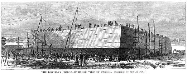 BROOKLYN BRIDGE, 1870. Exterior view of the caisson at the Brooklyn end of the bridge. Line engraving, 1870