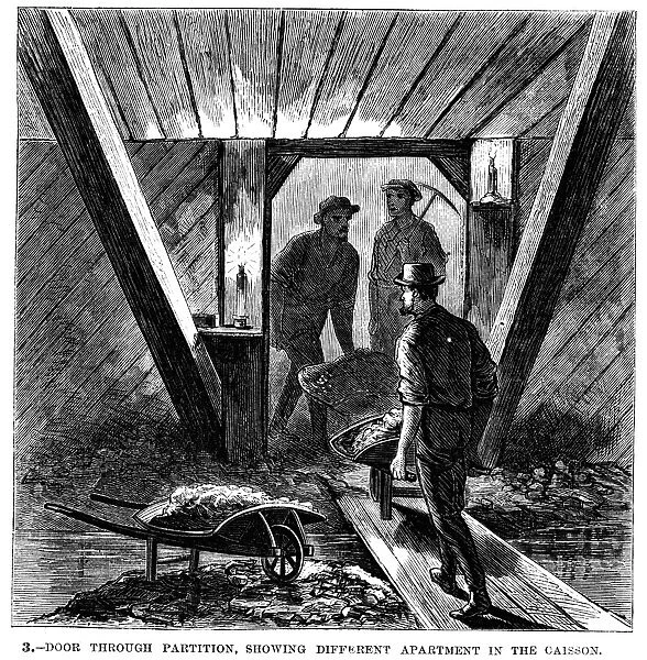 BROOKLYN BRIDGE, 1870. Laborers in the caisson at the Brooklyn end of the bridge. Line engraving, 1870