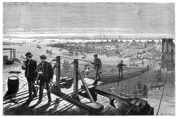 BROOKLYN BRIDGE, 1877. The temporary footpath from the tower on the Brooklyn side: line engraving, 1877