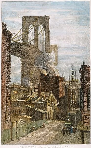 BROOKLYN BRIDGE, 1882. Under the Towers : The unfinished Brooklyn Bridge as seen from Manhattan: wood engraving, 1882, after F. Hopkinson Smith