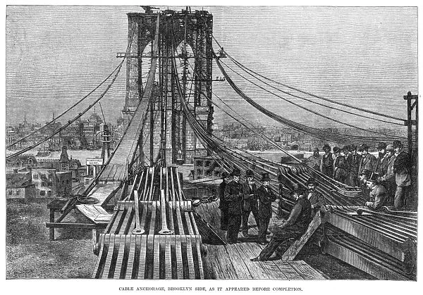 BROOKLYN BRIDGE, 1883. Cable anchorage, Brookln side, as it appeared before completion. Line engraving, 1883