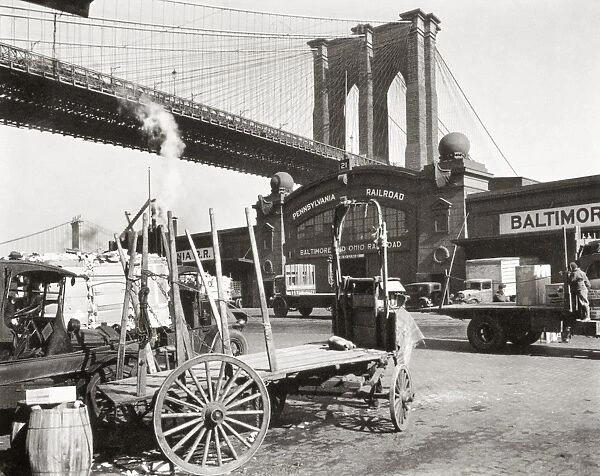 BROOKLYN BRIDGE, 1937. Brooklyn Bridge at Pier 21, Manhattan. Photographed in 1937 by Berenice Abbott