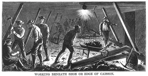 BROOKLYN BRIDGE: CAISSON. Laborers in the caisson at the Brooklyn end of the bridge. Wood engraving, American, 1870