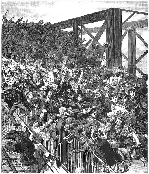 BROOKLYN BRIDGE PANIC 1883. The panic of 30 May 1883 when, a week after the opening, a dozen people were killed in the stampede caused by the belief that the bridge was collapsing: contemporary line engraving