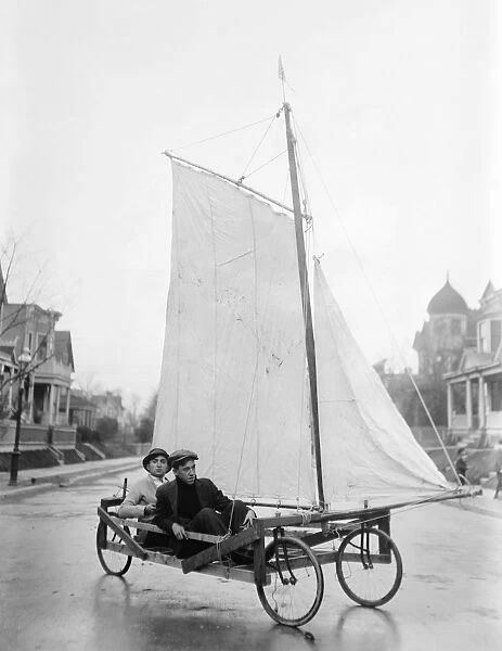 BROOKLYN: WAGON, c1912. Two boys riding in a homemade sail wagon in Brooklyn, New York