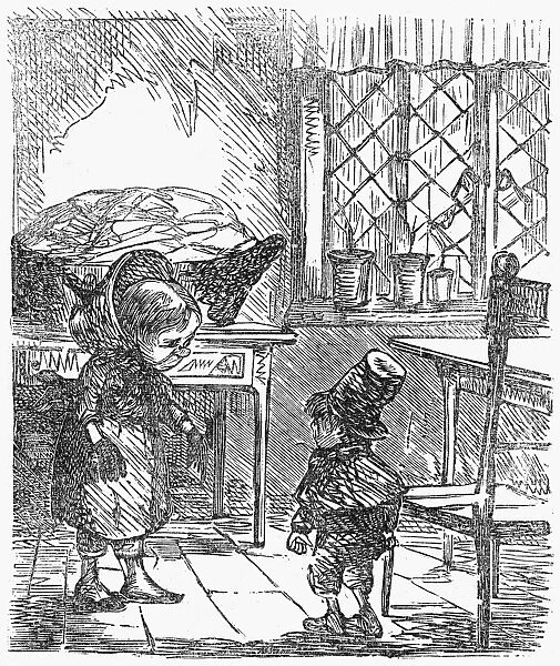 BROTHER AND SISTER. A girl scolding her younger brother for not wearing gloves to go outside in the winter. Wood engraving, 19th century