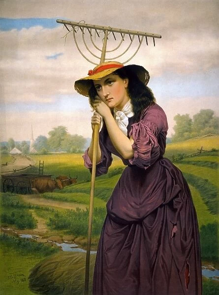 BROWN: MAUD MULLER, c1868. Maud Muller, title charcter of the poem by John Greenleaf Whittier, leaning on her rake. Lithograph after a painting by John George Brown, c1868