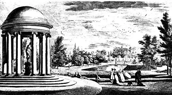 BROWN: STOWE PARK, 1753. The park at Stowe, Buckinghamshire, England, in 1753, which featured the work of English landscape gardener Lancelot Capability Brown (1715-1783), and the Rotonda of architect John Vanbrugh (1664-1726) shown at left. Line engraving, 18th century