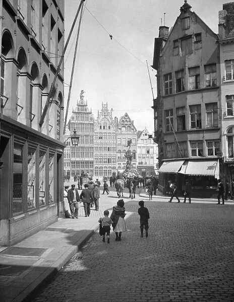 BRUSSELS, c1910. A street leading to Grote Markt, the central square in Brussels, Belgium